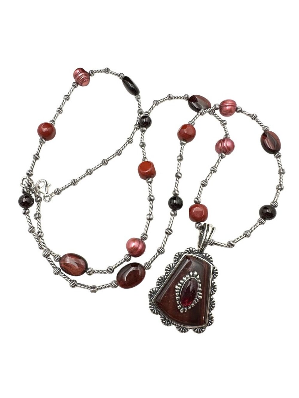 Carolyn Pollack Red Tigers Eye Pearl Sterling Silver Pendant Necklace 36"